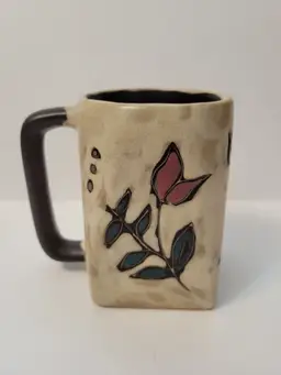 MARA Mexico Art Pottery Stoneware 12oz Square Bottomed Mug Handcrafted Lead Free Wild Flowers Signed
