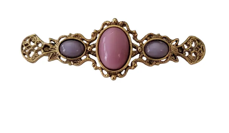 1928 Brand Victorian Style Oval Pink Purple Glass Cab Bar Brooch Pin E635