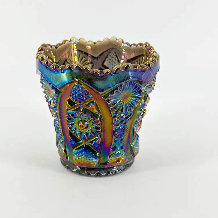 #2 Vtg Imperial Glass Peacock Smoke Blue 2.5" Carnival Glass Toothpick Holder Daisy & Arches Iridescent