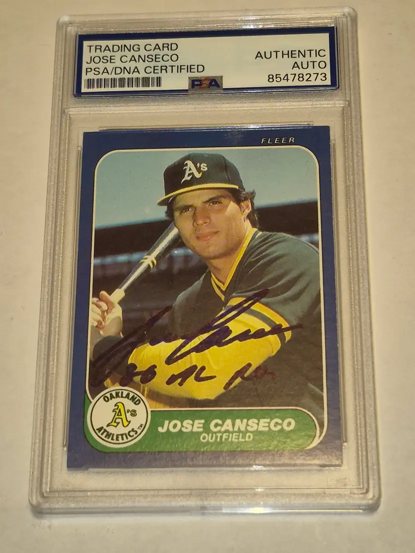 Jose Canseco (RC) 1986 Fleer Update #U-20 PSA/DNA Certified Authentic Auto w/ "86 AL ROY" Inscription Athletics