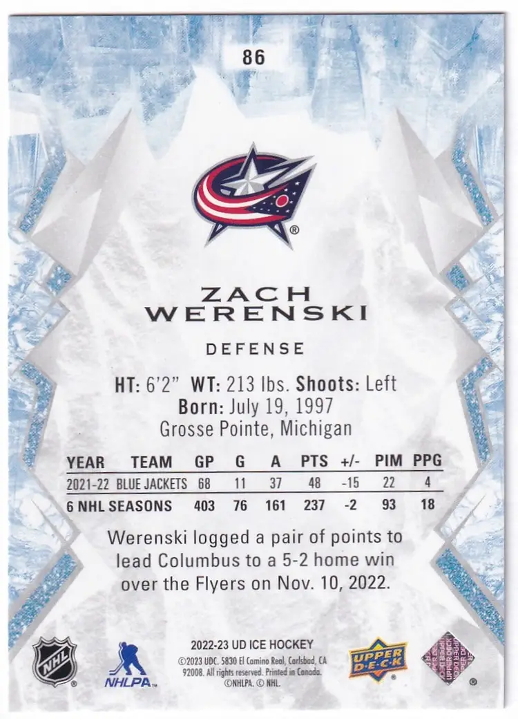 2022-23 Upper Deck Ice Green #86 Zach Werenski Columbus Blue Jackets Hockey Card