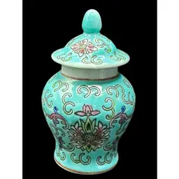 Vintage Famille Rose Blue Aqua Flower Chinese Porcelain Ginger Jar with Lid 3.5”
