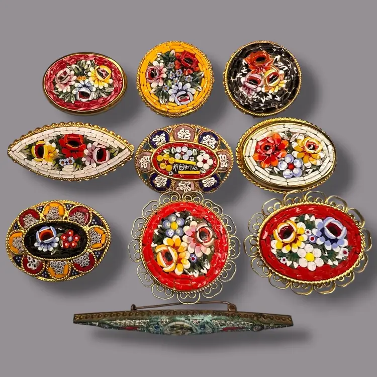 Vintage Micro Mosaic Brooches Choice Out Of (10) From 1.25” To 2.75”