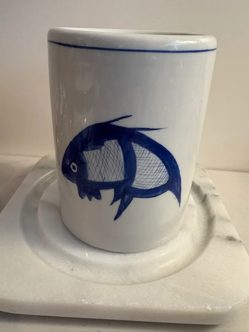 Blue Water Colore Koi Carp Canister No Lid 5.5 Inch Ceramic