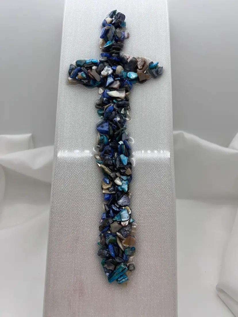 Cross On Canvas Crushed Shells And Resin