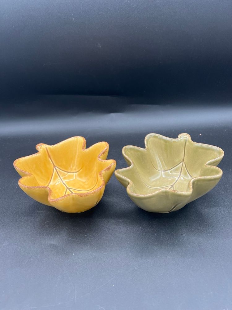 Pair Of Autumn Leaves Small Bowls Mustard And Green