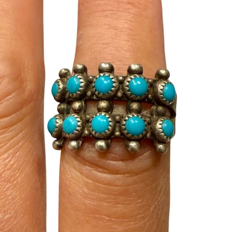 Vintage Navajo Bell Trading Co Sterling Silver Petit Point Snake Eye Turquoise Ring Size 6, 4.1g