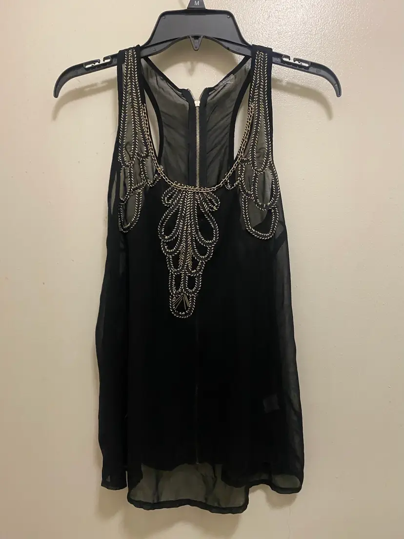 Charlotte Russe Womens Sheer Black Tank Top S Gold Chain Neck & Embroidery