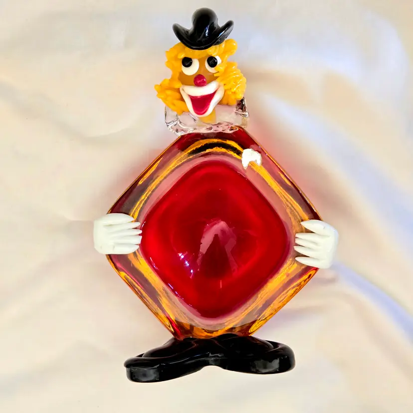 Art Glass Clown Trinket Dish Ashttay Figurine Hand Blown Made in Italy partial sticker 7" Tall