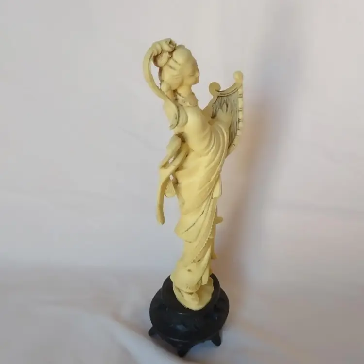 Vintage Italian Geisha Playing Harp Instrument Ivory Black Stand Woman Figurine