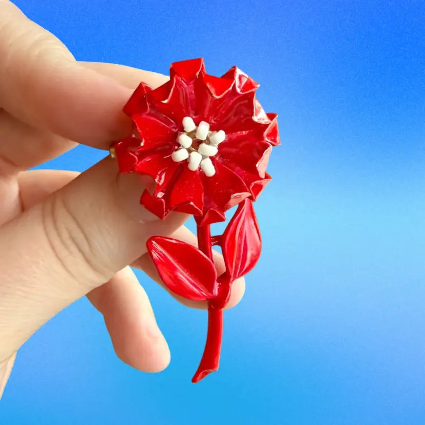 Vintage MCM Red Enamel Flower w/ Stem Brooch Pin