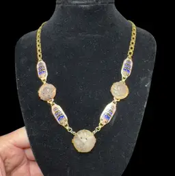 Vintage Art Deco Brass Egyptian Revival Enamel Pink Carved Stone Choker Necklace 16”