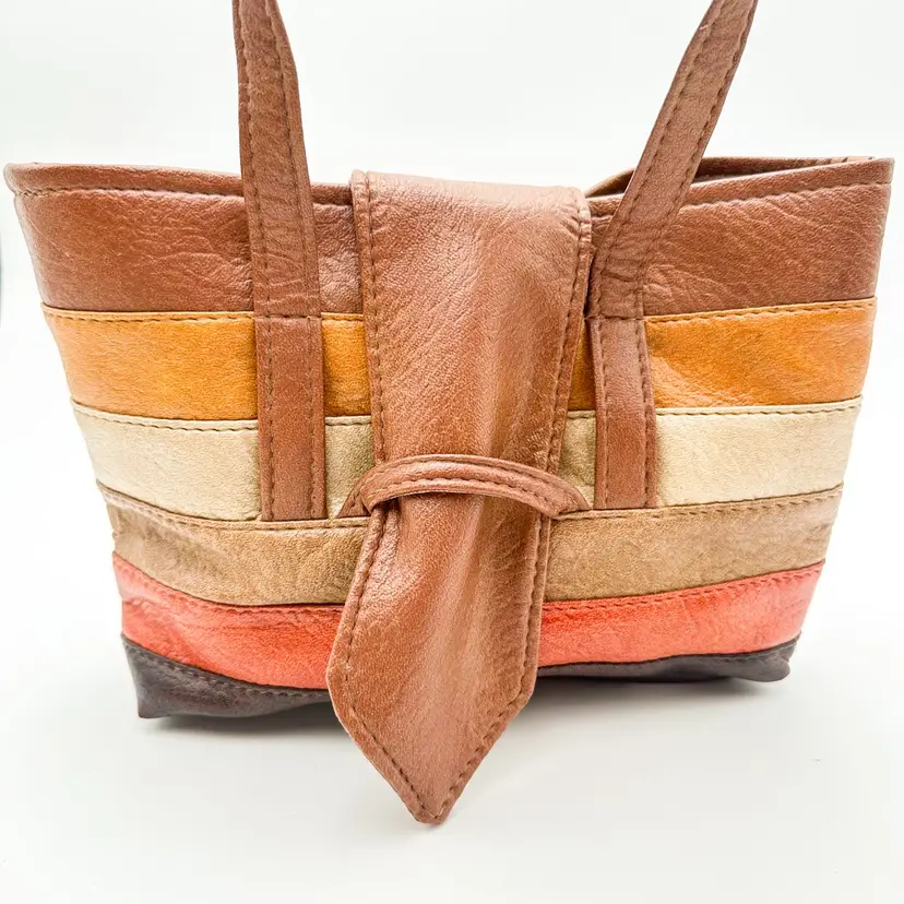 Vintage Vinyl Striped Handbag Satchel Purse Orange Brown 10 X 8” B25