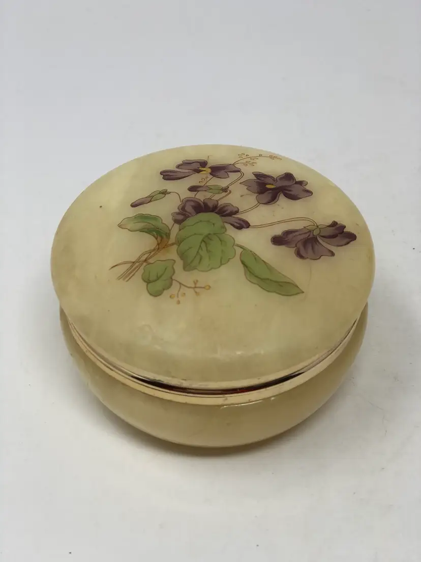 Creamy Alabaster Trinket Box with Violets Made in Italy