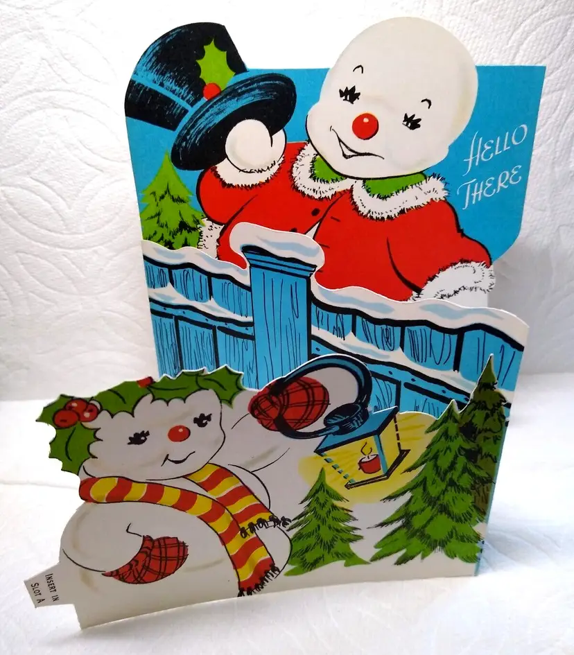 Christmas Greeting Card Dressed Snowmen Diecut Foldout Standup Retro Mid Century