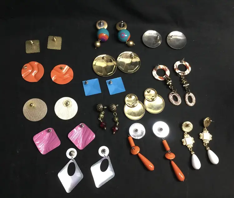 Earrings, lot of 14 pairs, pierced posts, 1960s, 1980s, boho, hippy
