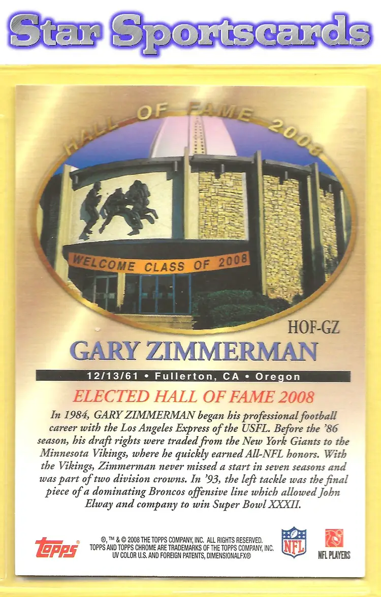 2008 Topps Chrome #HOF-GZ Gary Zimmerman Hall of Fame Denver Broncos