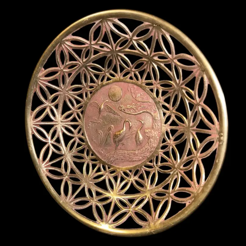 Vintage MCM Brass Centerpiece Bowl w/gold Filigree design with Cranes