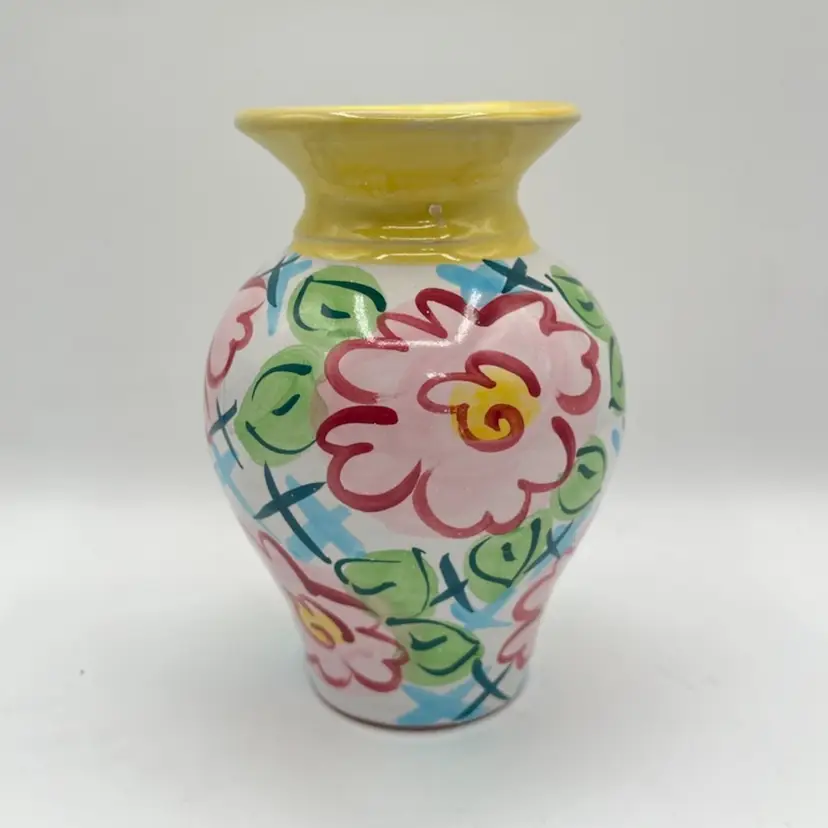 Vintage Hand Painted Terracotta Flower Vase - Signed, 6”
