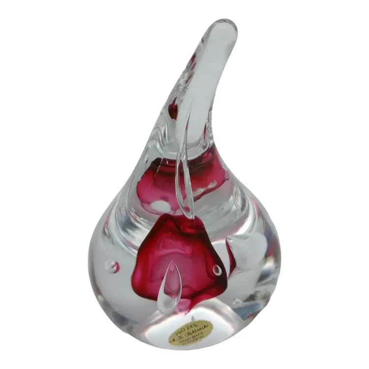 Signed Adam Jablonski Hand Made Art Glass Tear Drop Rose Bud Paperweight