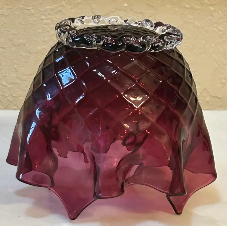 Vintage Venetian Handkerchief Vase Hand Blown Cranberry Glass Diamond Quilt Pat