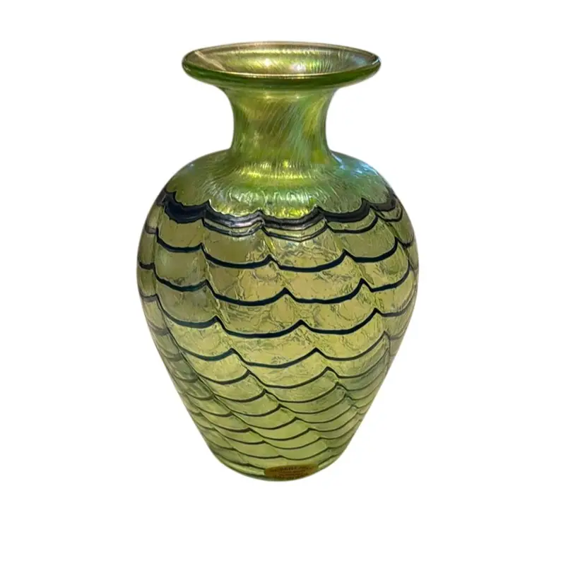 Robert Held Art Glass Iridescent Green With Blue Line Textured Waves - 5.5” Vase With Original Sticker And Signature