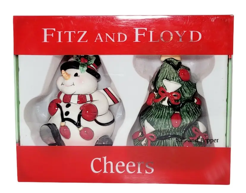 2006 Fitz and Floyd Salt and Pepper Shakers CHEERS Snowman & Christmas Tree