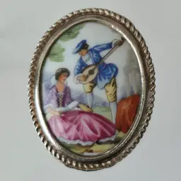 Vintage Limoges France Porcelain Courting Couple Brooch Pendant