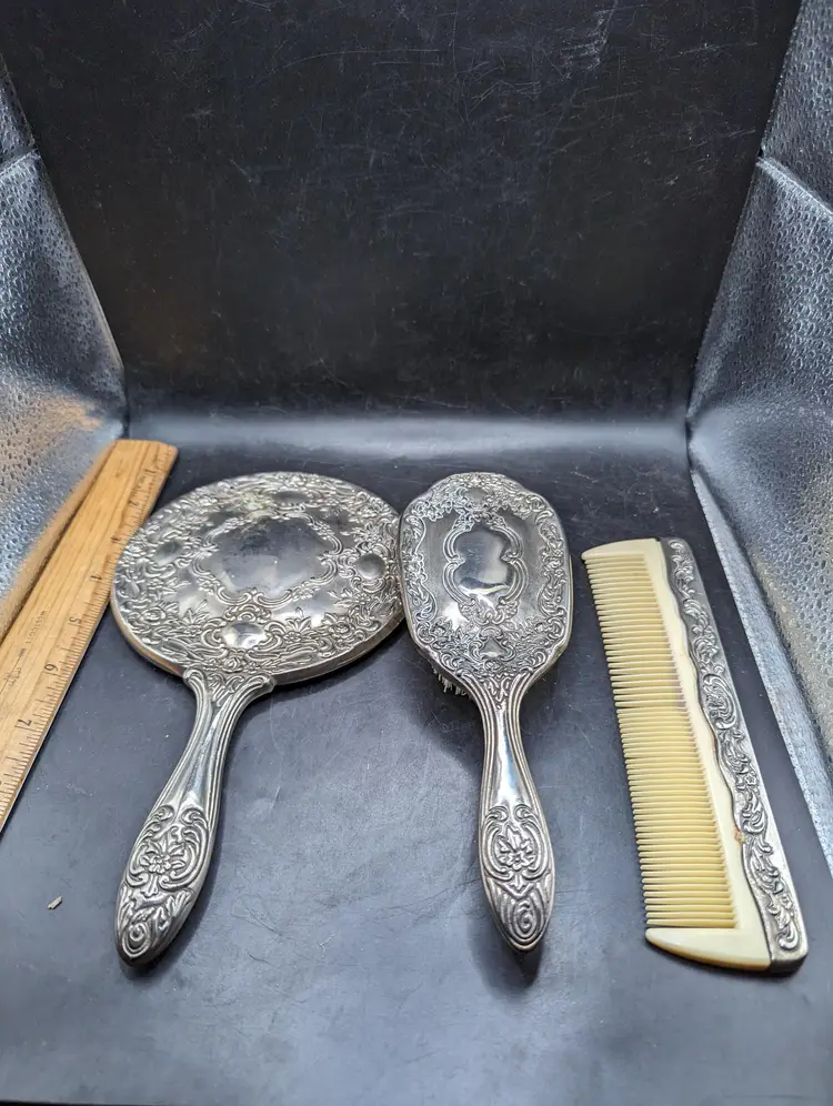 Vintage Silver Plated Vanity Set with Mirror, Brush, and Comb Hong Kong