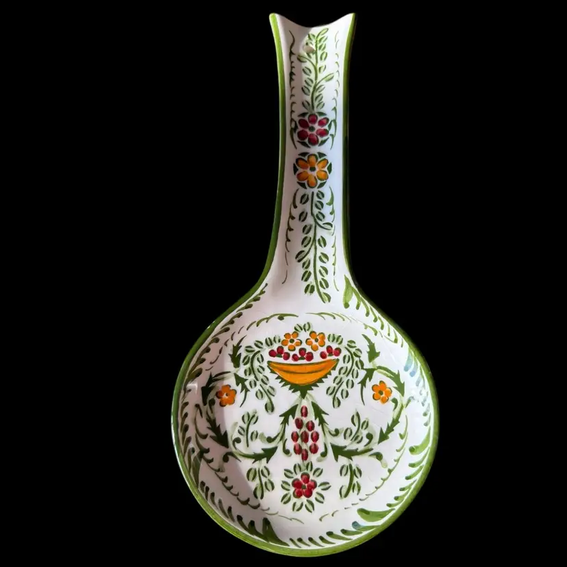 Vintage Hand-Painted Portuguese Ceramic Colorful Floral Spoon Rest Signed Artist