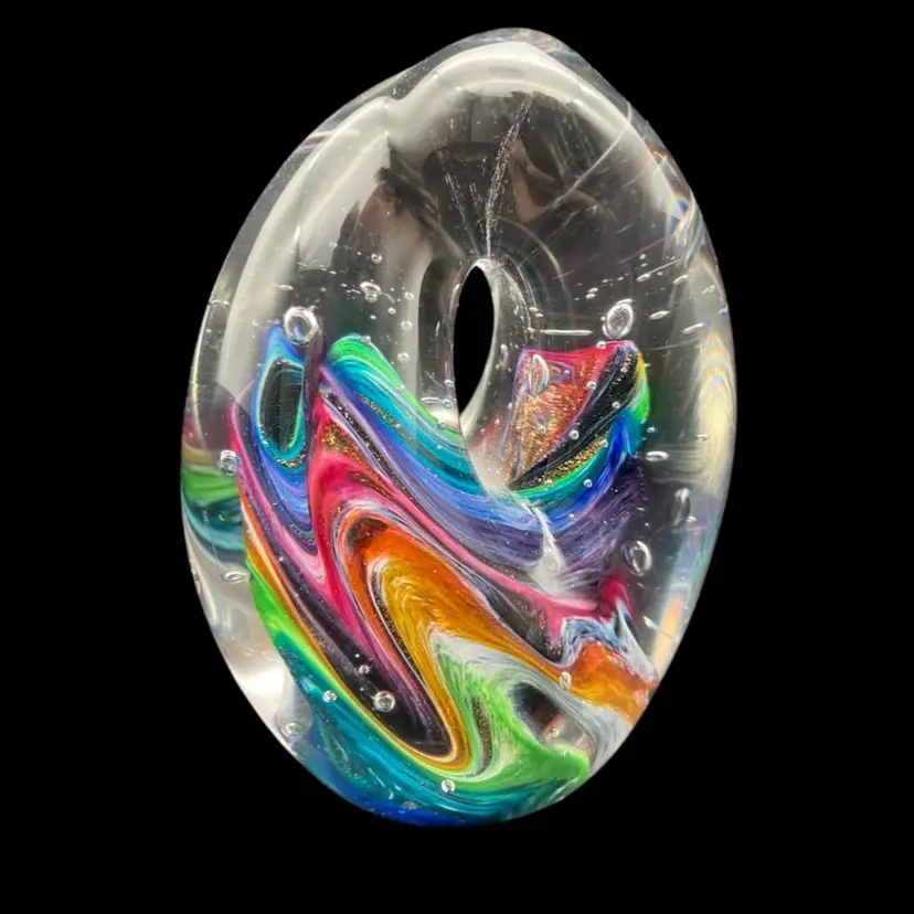 16 - Vintage Marilyn Kimble Holt Colorful Swirl Teardrop Paperweight With Center Hole. Signed.