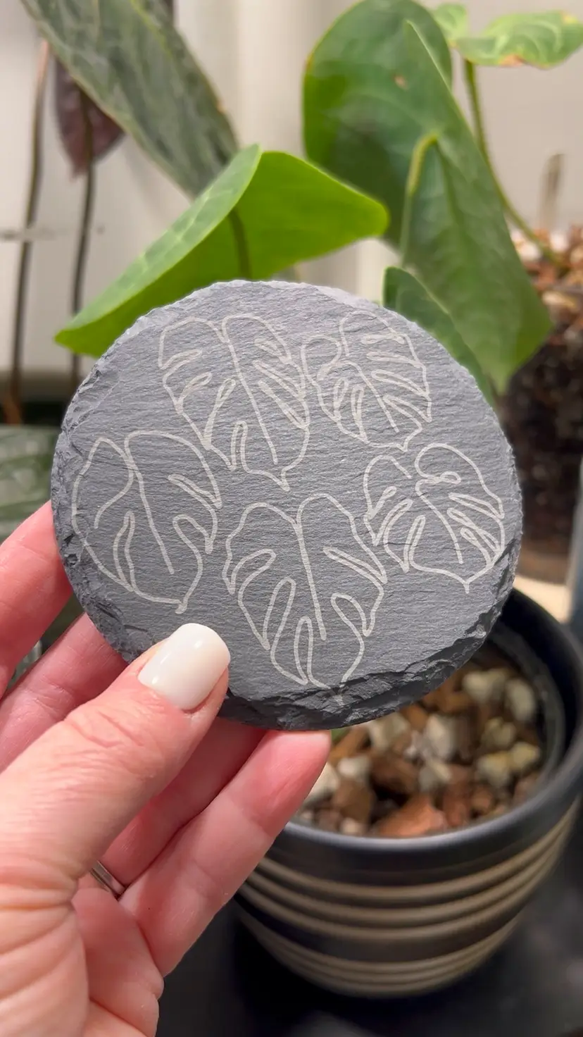 Slate Coaster with Monstera Line Art