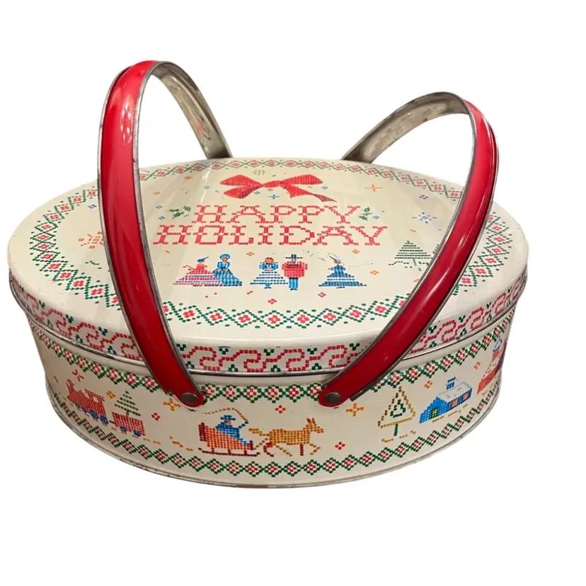 Christmas Happy Holiday Sewing Gift Tin Oval