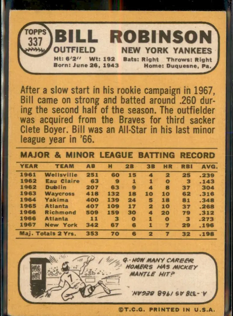 1968 Topps #337 Bill Robinson - (pk3) - New York Yankees