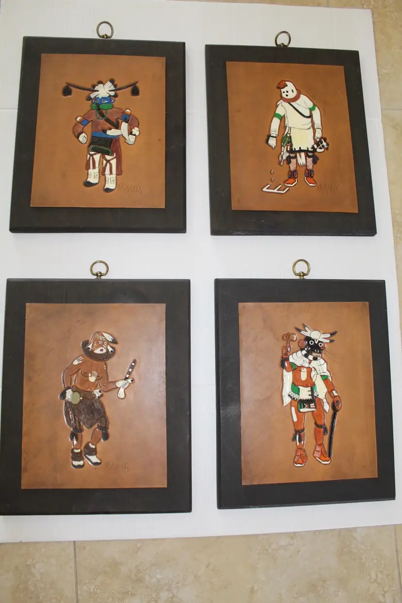 Set of 4 Ray Briggs Kachina Vtg Native American Tooled Leather Painted Art