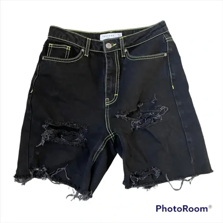 Topshop Distressed High Rise Mom Black Jean Shorts w/ Yellow Stitching Size 28