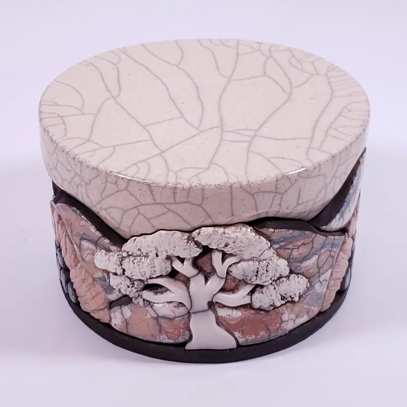 Signed BILL HERB RAKU Pottery Bonsai Tree Dimensional Round TRINKET DISH BOX