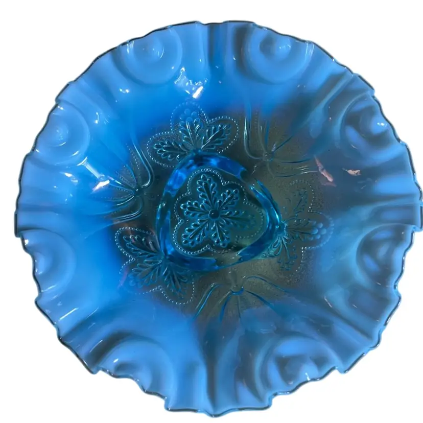 Jefferson Glass Co Meander Pattern 233 Blue Opalescent Footed Bowl Ruffled Rim