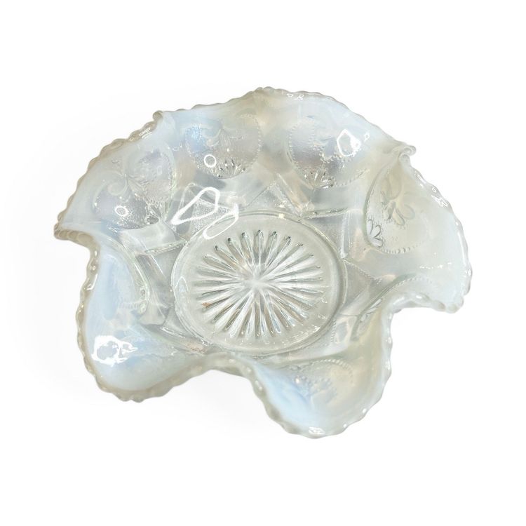 EAPG Dugan Style Glass Opalescent Blue And White Scalloped Trinket Dish