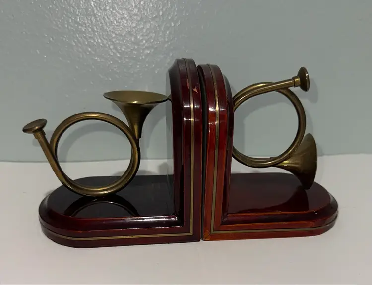 Vtg Solid Brass & Mahogany French Horn Bookends Musical Instrument