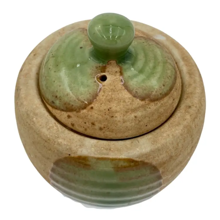 Rustic Stoneware Pottery Lidded Jar with vent; Light Brown and Green; Garlic Jar