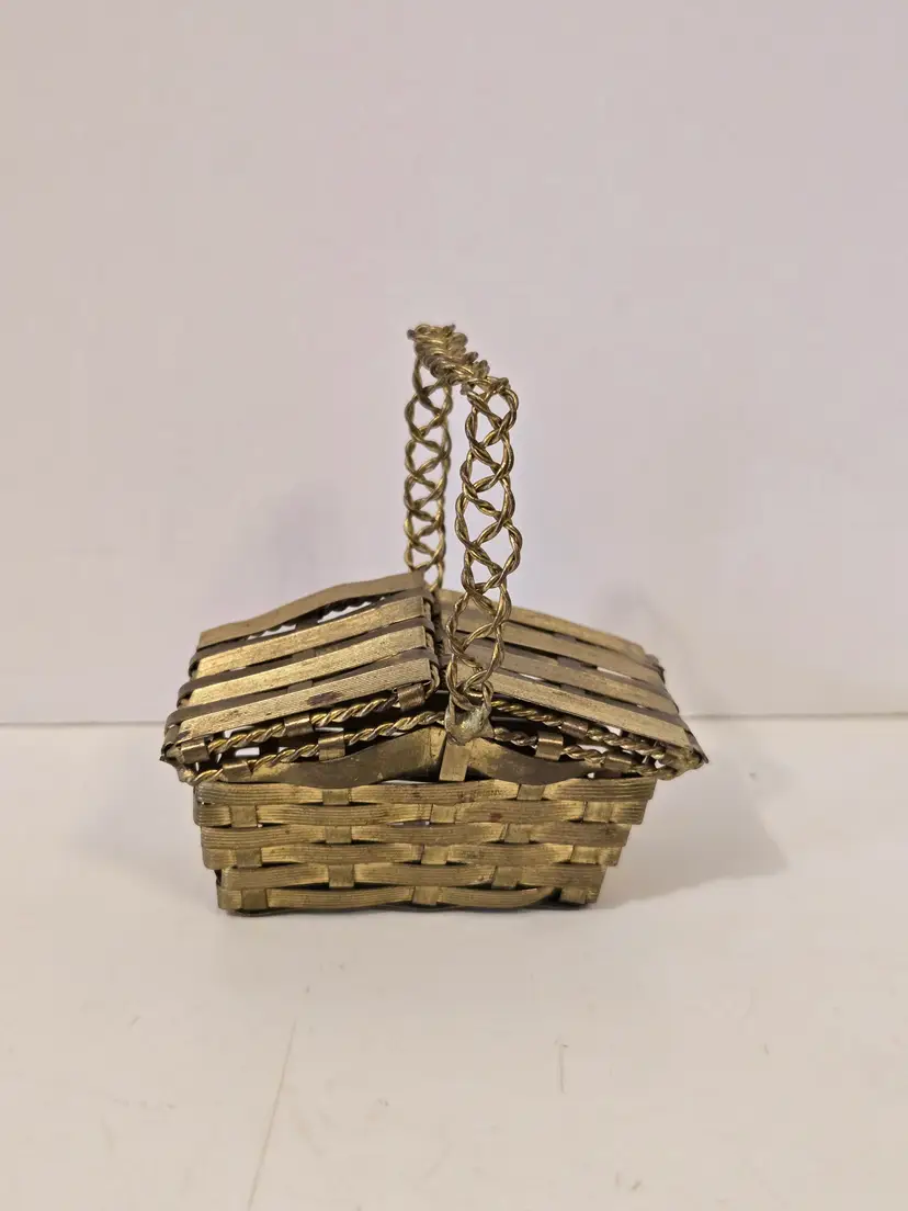 Miniature Goldtone Metal Picnic Basket Germany