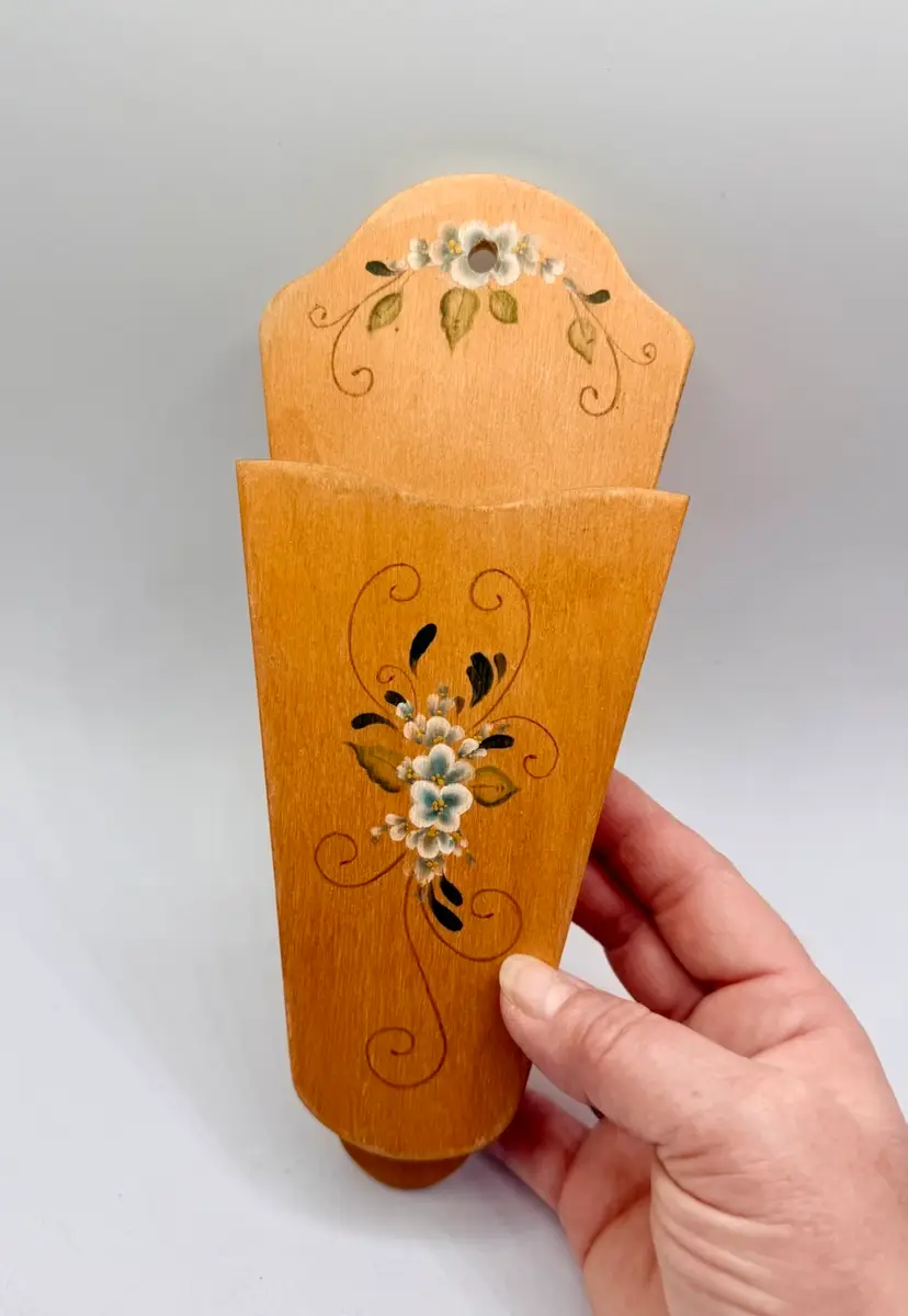 Vintage Wooden Wall Scissor Holder Wall Pocket Blue Flowers Hand Made Painted