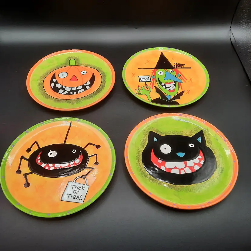 Department 56 Halloween Plates Witch Black Cat Spider Jack O'lantern Set Of 4e