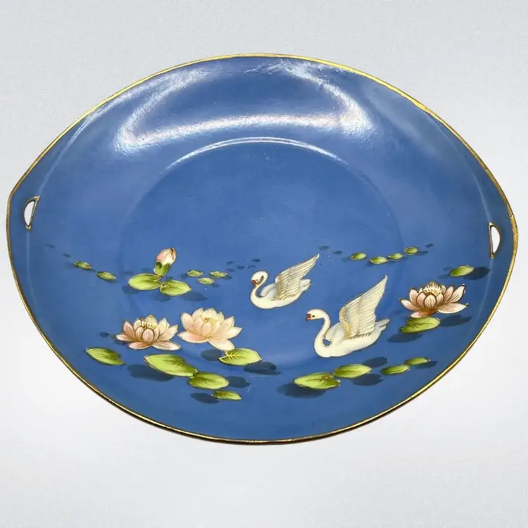 Porcelain Two Handled Plate Tray Hand Painted Swans Lotus Flowers Japan 9.5”