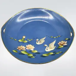 Porcelain Two Handled Plate Tray Hand Painted Swans Lotus Flowers Japan 9.5”