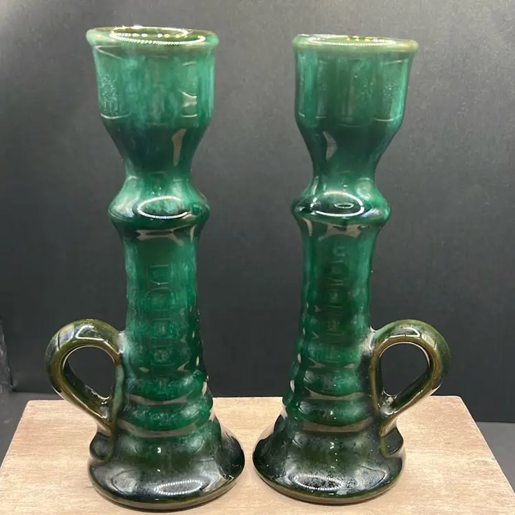 Pair of vintage ceramic candlesticks, Green Drip Glaze, 5.5” Tall