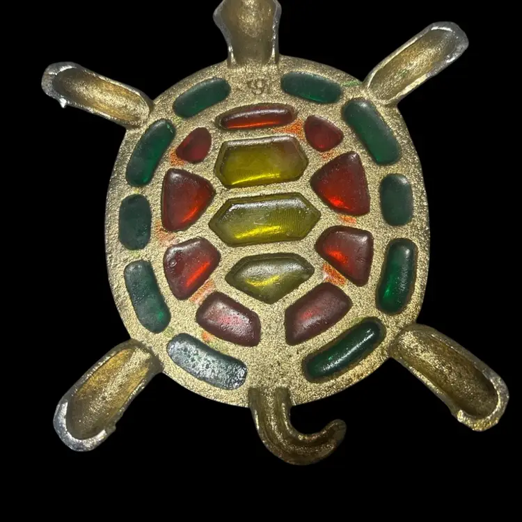 Vintage USA Cast Metal Turtle Trivet | Stained Glass Style Inset | Mid Century Folk Art Turtle | 6” x 5”