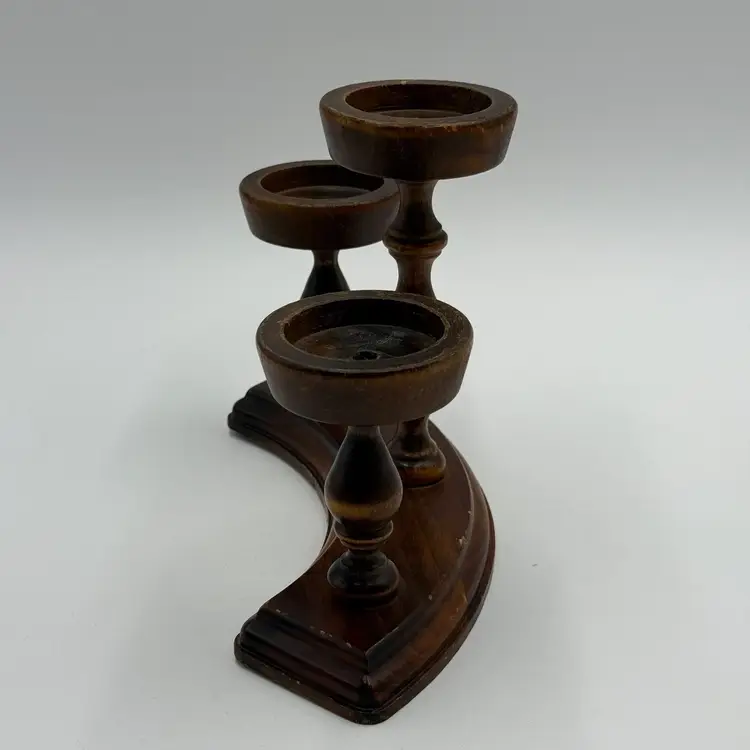 Cornwall Curved Triple Graduated Candelabra Wooden Vintage MCM Candle Holder
