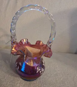 Fenton Art Glass " Signiture Series" Hand Painted Star Flower On Cranberry Pearl Basket